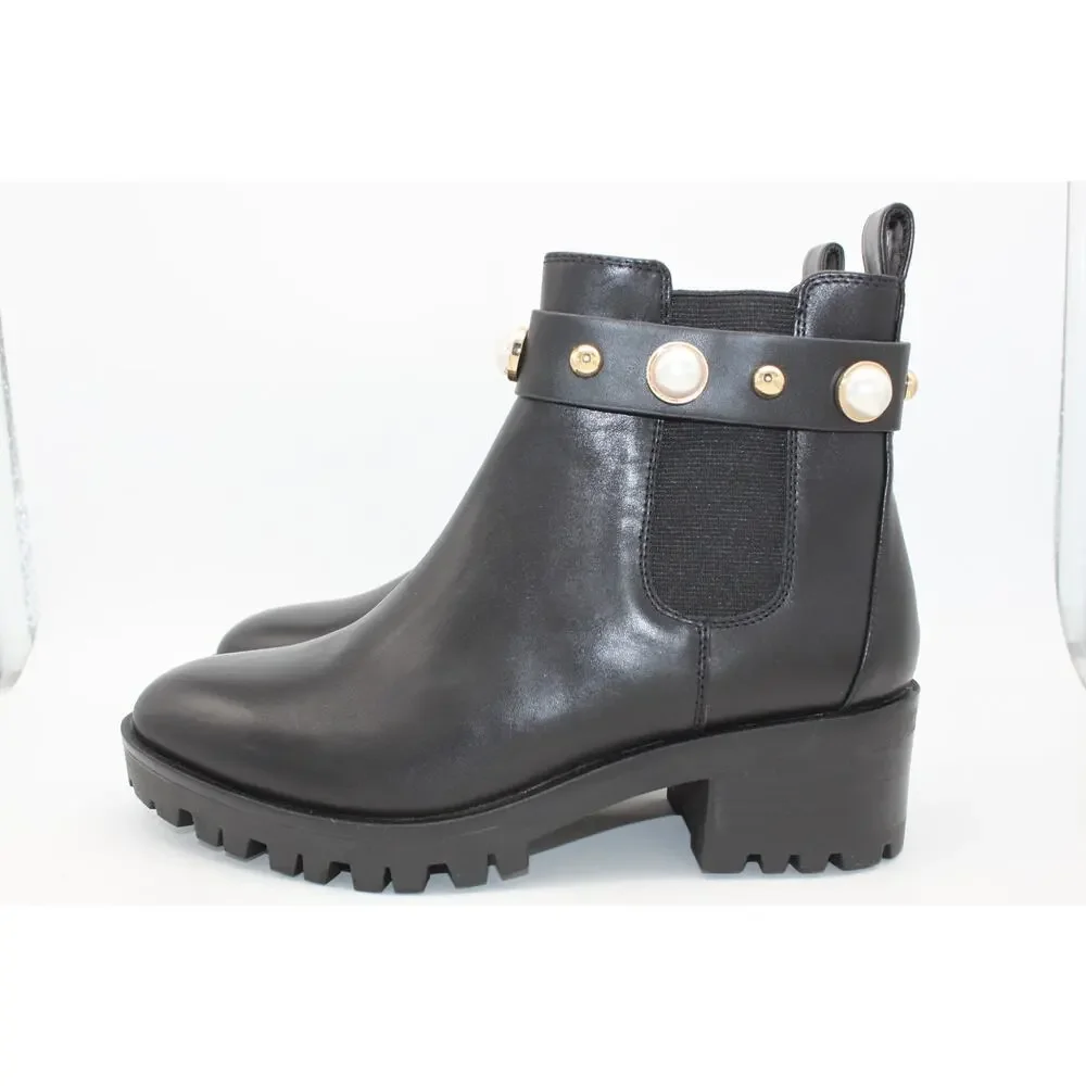 NWT Karl Lagerfeld Paris Pola Black Smooth Calf Lea Gold Pearl Boots Size 7.5M - Picture 4 of 13